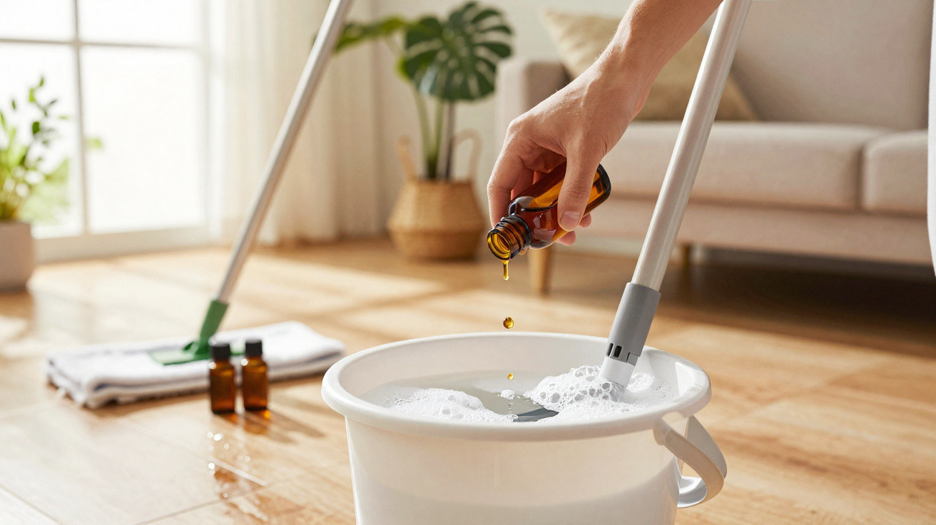 Hand pouring essential oil into a white bucket of soapy water for mopping a wooden floor in a bright living room.