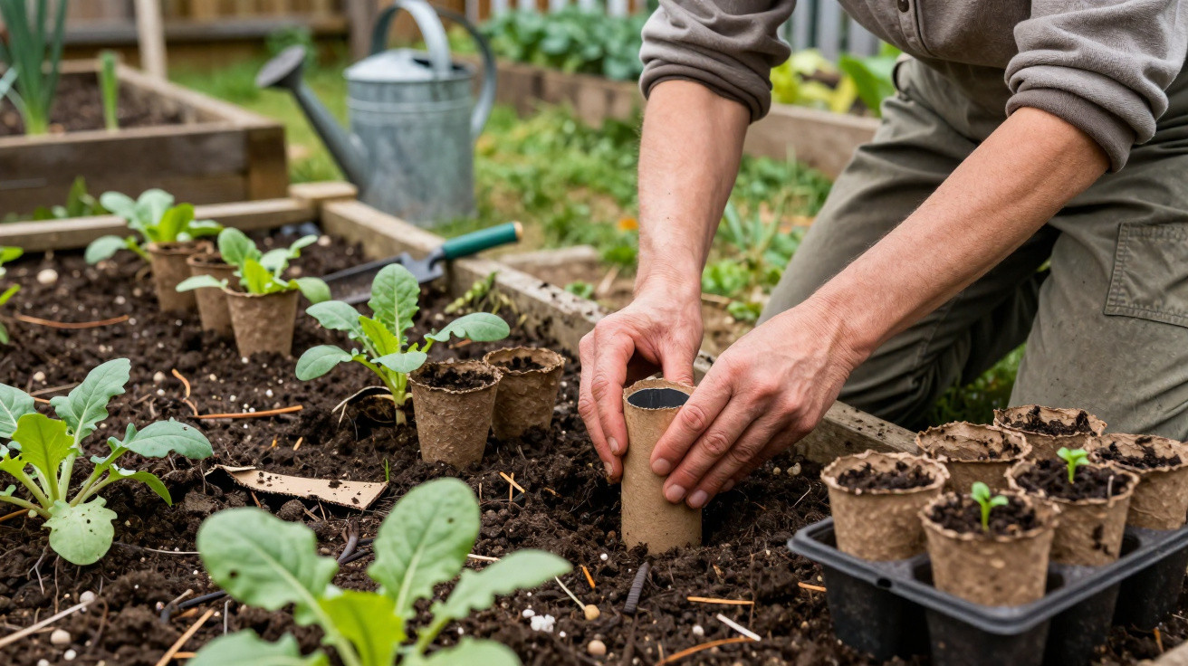 Hands planting seedling pots in a raised garden bed with young plants and gardening tools nearby.