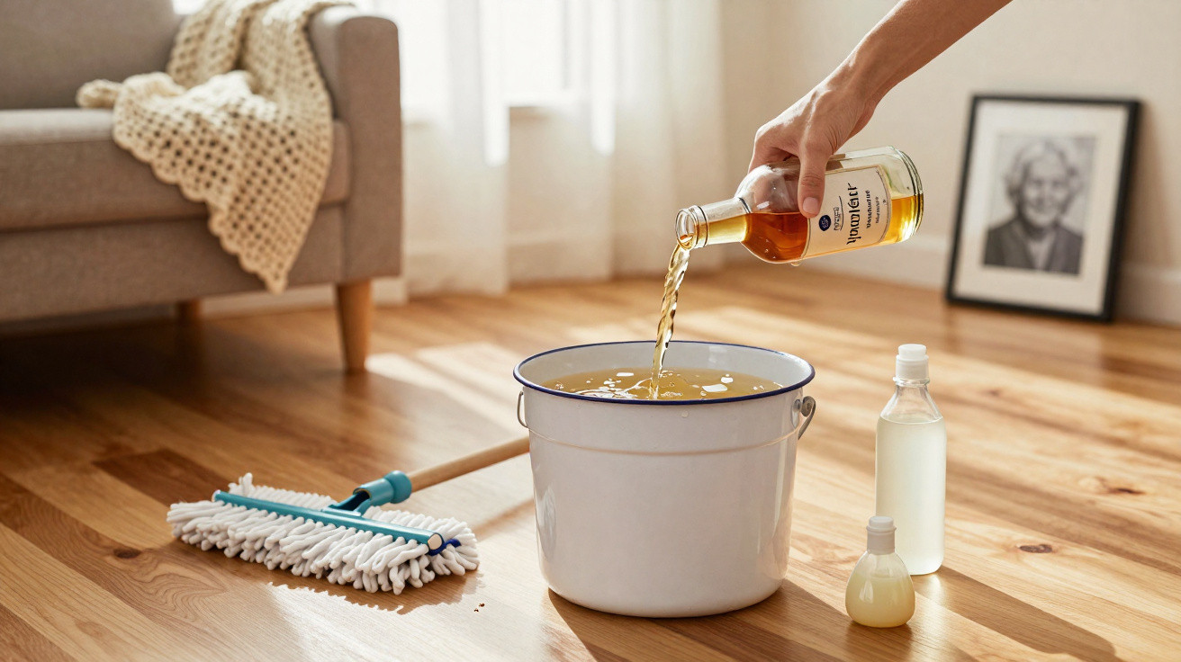 Hand pouring liquid from a bottle into a white bucket on a wooden floor next to a mop and bottles.