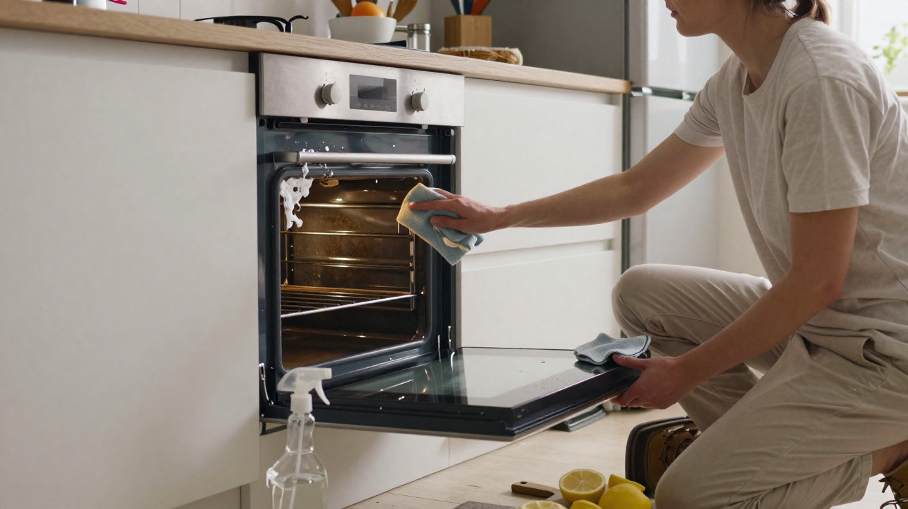 Person cleaning a kitchen oven door with a sponge and spray bottle on the floor nearby.