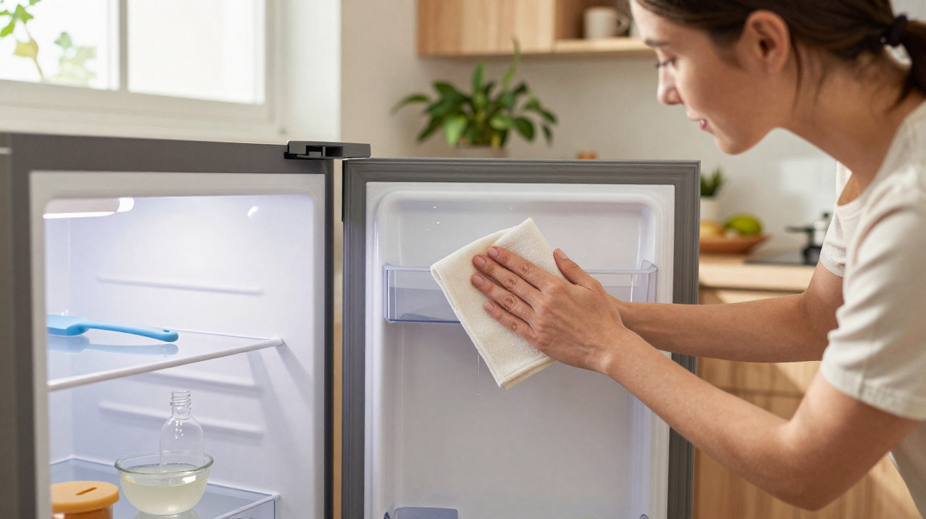 Person cleaning the inside door of a fridge with a white cloth in a bright kitchen.