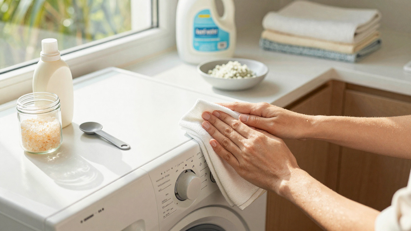 Person wiping the top of a washing machine with a white cloth in a bright laundry room.
