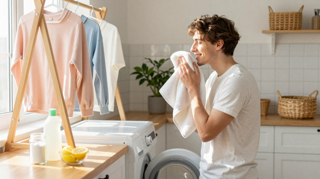 Man smelling a clean towel in a bright, modern laundry room with clothes hanging to dry.