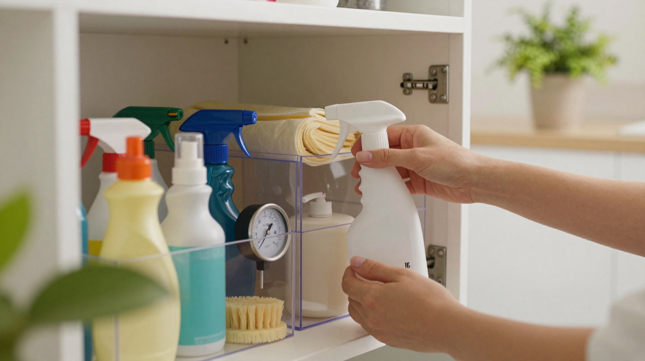 Hands reaching for a white spray bottle on a shelf with various cleaning supplies and cloths in a kitchen cabinet.