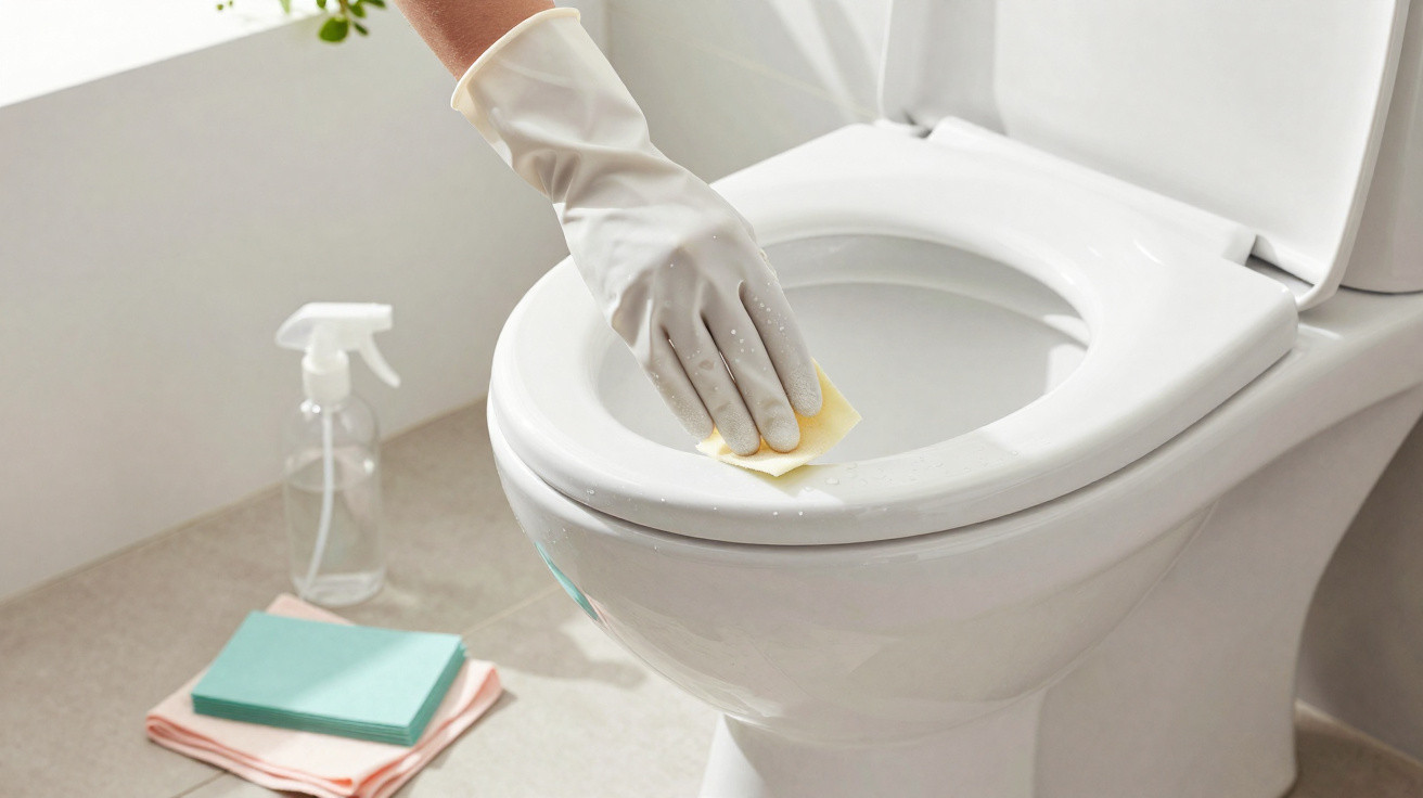 Hand wearing white glove cleaning the rim of a white toilet bowl with a yellow cloth.