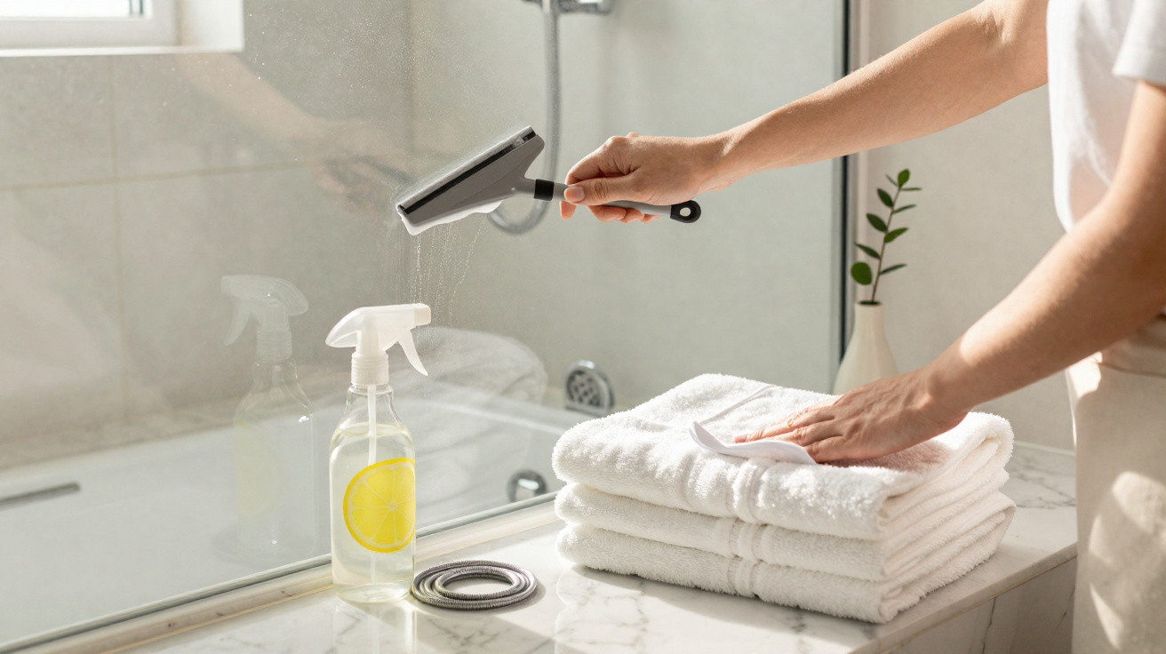 Person cleaning a bathroom mirror with a squeegee, next to a lemon-scented spray bottle and folded white towels.