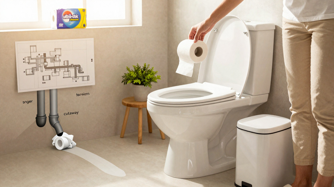 Person placing toilet paper on a white toilet seat in a bathroom with a plant and a waste bin nearby.