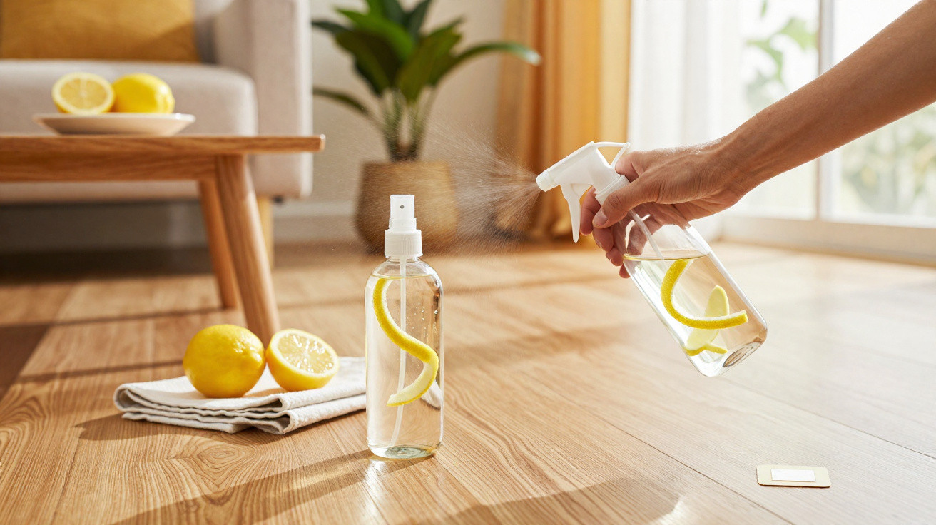 Hand spraying lemon-infused water from a spray bottle onto a wooden floor with lemons on a cloth nearby.
