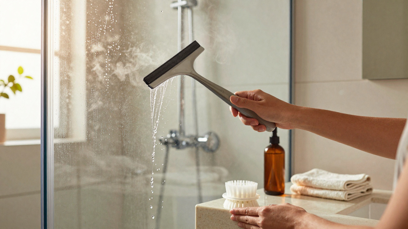 Person cleaning a steamy bathroom mirror with a squeegee in a modern bathroom.