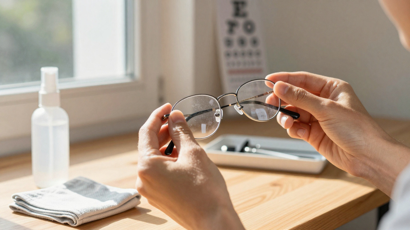 Person holding eyeglasses over a wooden table with cleaning spray and cloth near a window and eye chart in background.
