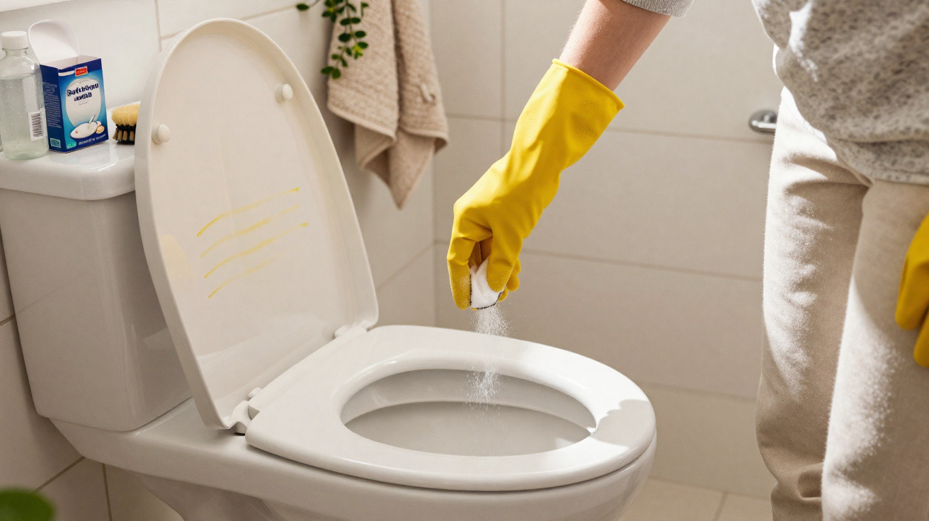 Hand in yellow glove sprinkling cleaning powder onto a white toilet bowl in a bathroom.