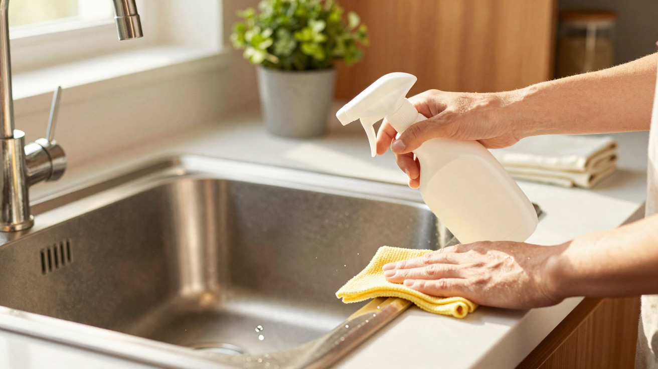 Person cleaning a stainless steel kitchen sink with a yellow cloth and spray bottle.
