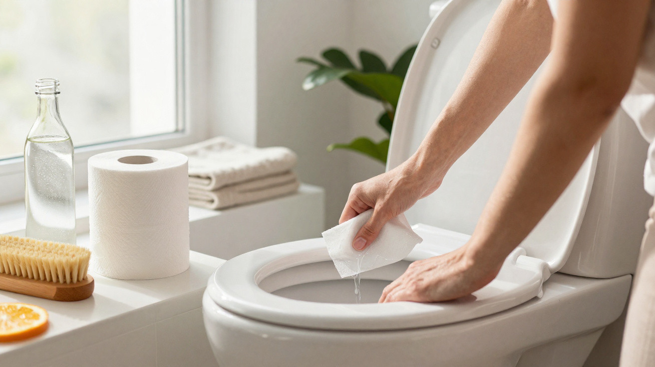 Person cleaning toilet seat with wet cloth in a bright bathroom with hygiene supplies nearby