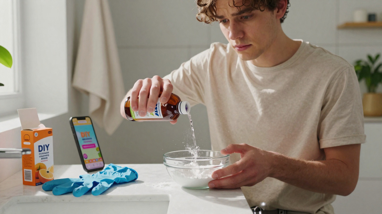 Young man pouring liquid into a bowl on a kitchen counter with DIY cleaning instructions on phone nearby