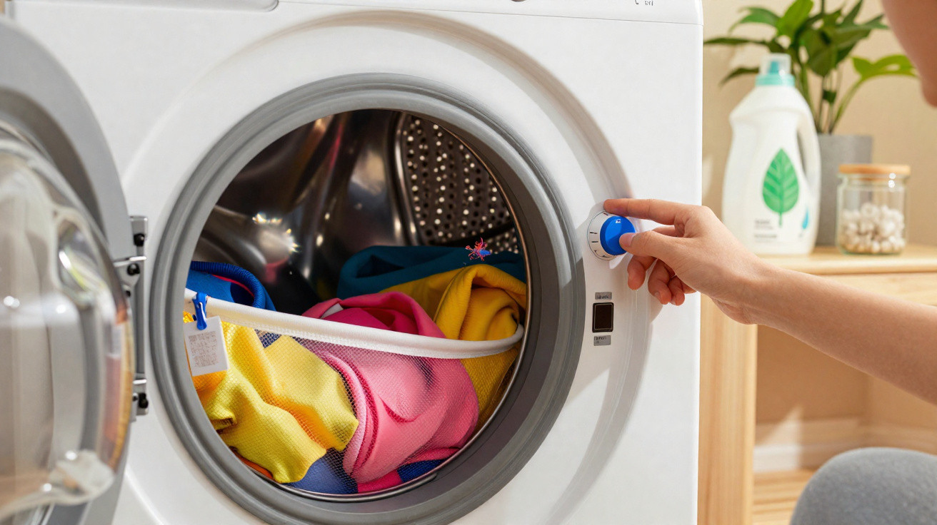 Hand adjusting knob on white washing machine with colourful clothes inside mesh laundry bag.