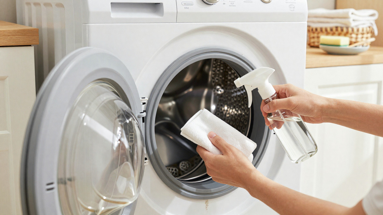 Person cleaning the inside of a front-loading washing machine drum with a spray bottle and cloth.