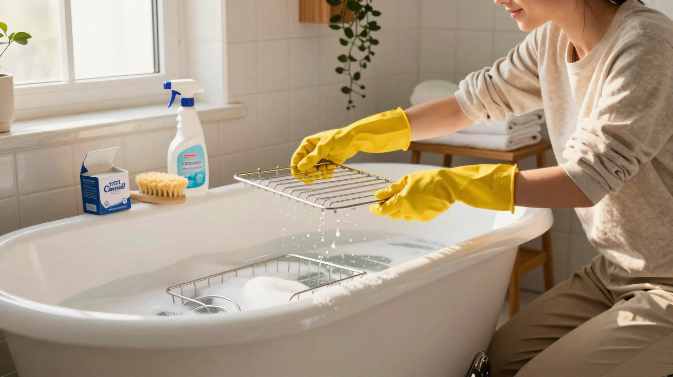 Person wearing yellow gloves cleaning a metal rack over a soapy bathtub in a bright bathroom.