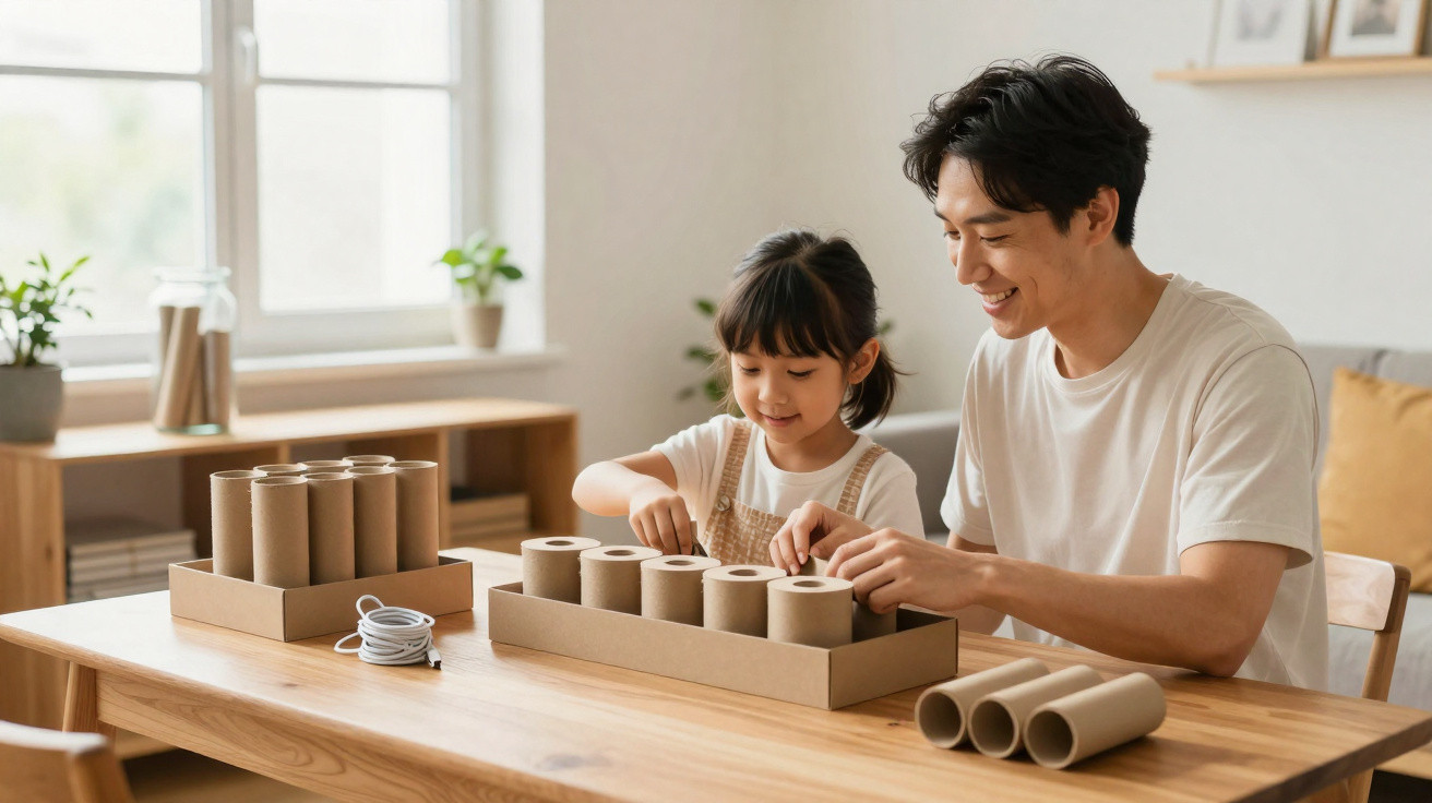 Father and daughter playing with cardboard tubes at a wooden table in a bright living room.