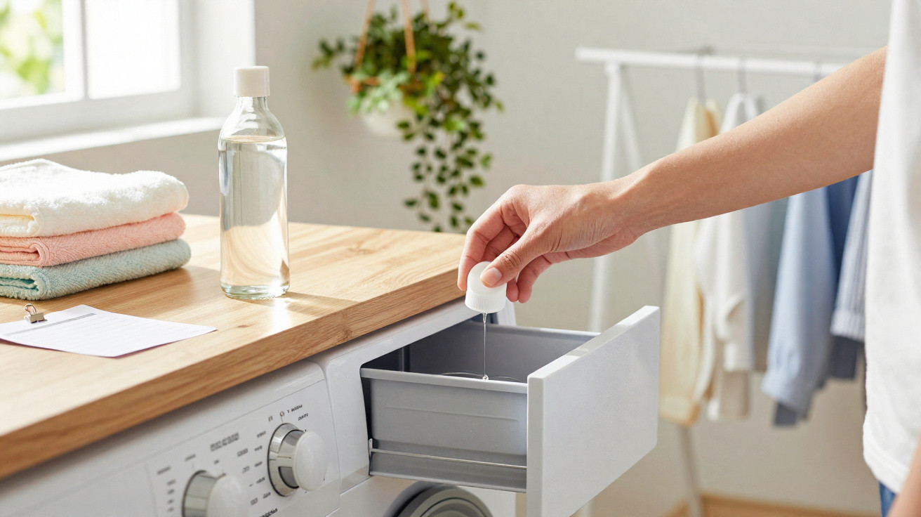 Hand pouring liquid detergent into washing machine detergent drawer in a bright laundry room.