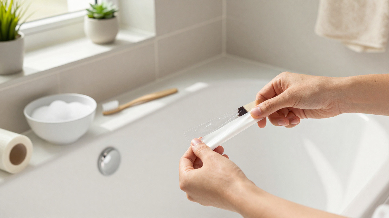 Hands peeling a toothbrush from clear plastic packaging over a bathroom sink with plants and toiletries nearby.