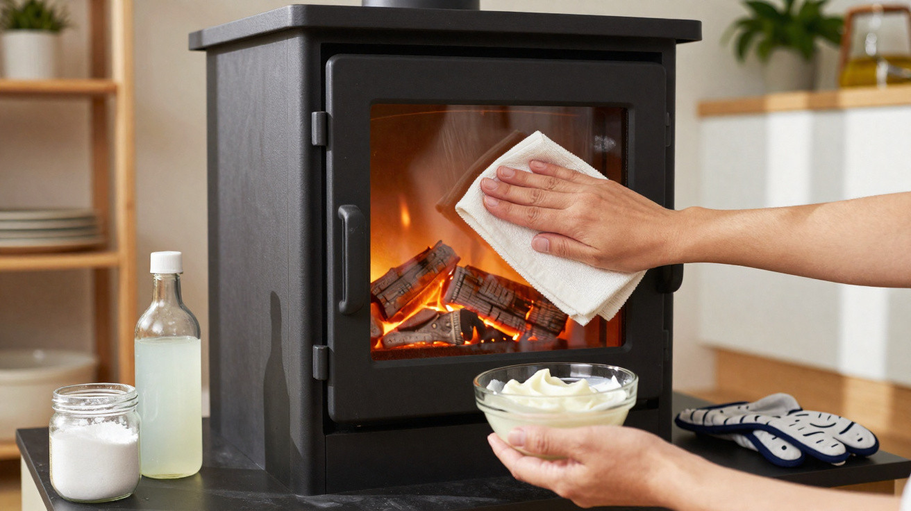 Person cleaning glass door of burning wood stove using a cloth, holding a bowl of cleaning paste in a kitchen setting.