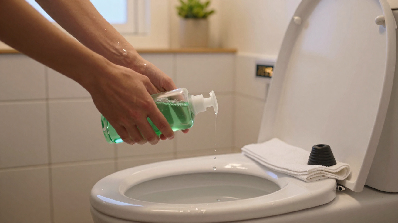 Person pouring liquid cleaner from a green bottle into a toilet bowl in a bathroom.