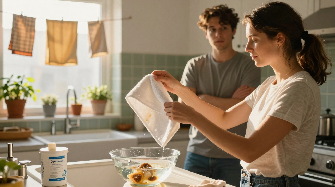 Woman rinsing a stained cloth over a bowl of water in a bright kitchen while a man watches in the background.