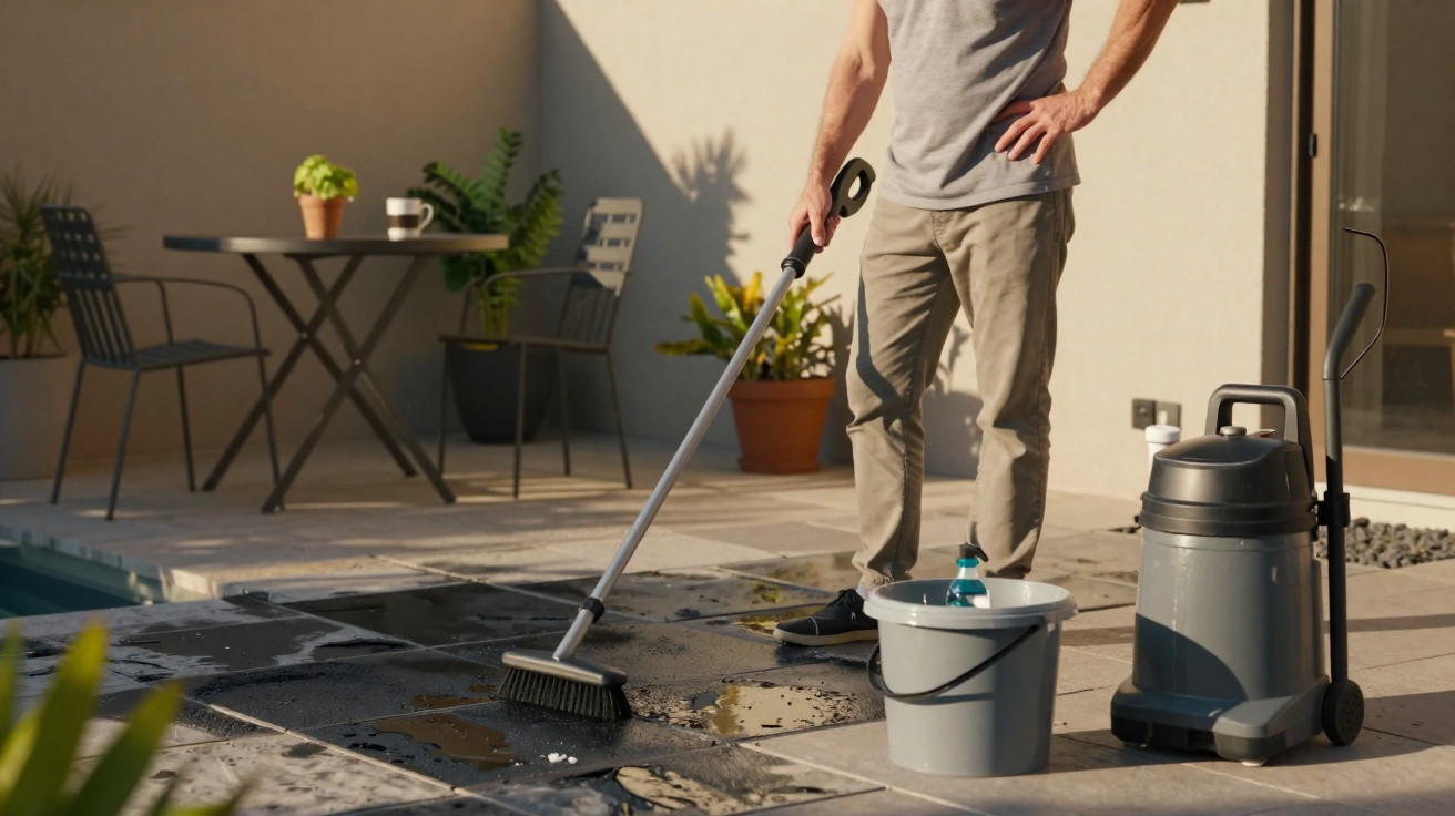 Person cleaning wet patio floor with a brush and bucket beside a wet/dry vacuum near a garden table and chairs.
