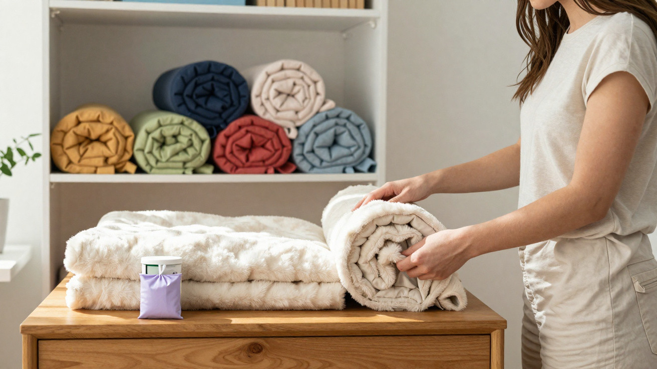 Person rolling a soft white blanket on a wooden table with colourfully folded blankets on shelves.