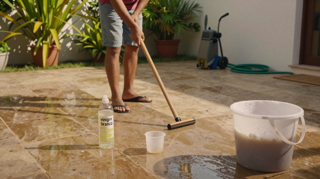 Person cleaning a wet tiled floor outdoors with a mop, bucket, white vinegar bottle, and plastic cup.