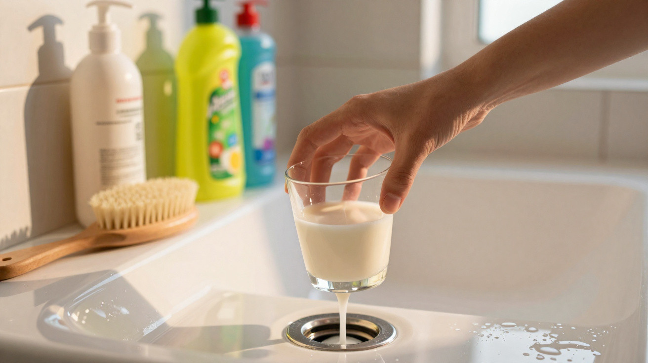 Hand pouring a glass of milk into a kitchen sink drain with cleaning products and a brush in the background.