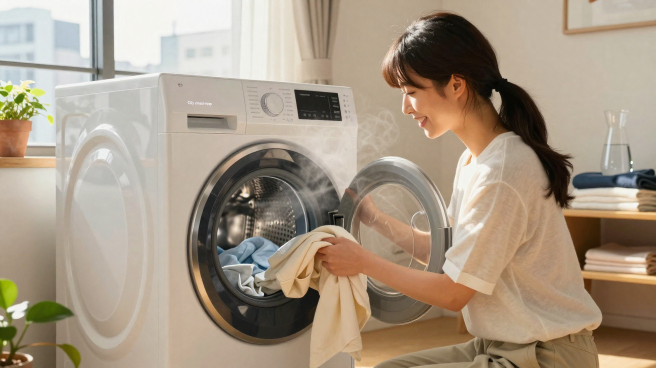 Woman unloading warm clothes from a front-loading washing machine in a bright laundry room