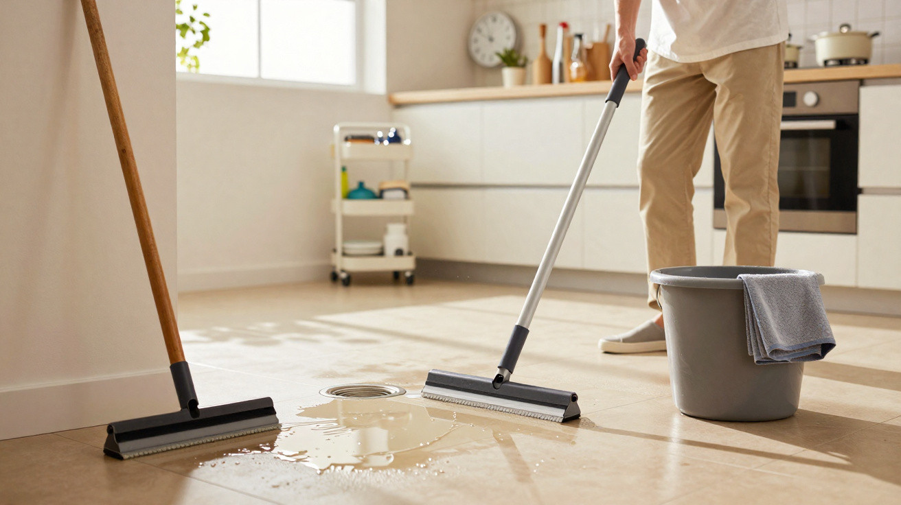 Person cleaning water spill on kitchen floor with squeegee mop, grey bucket and cloth nearby in bright room.