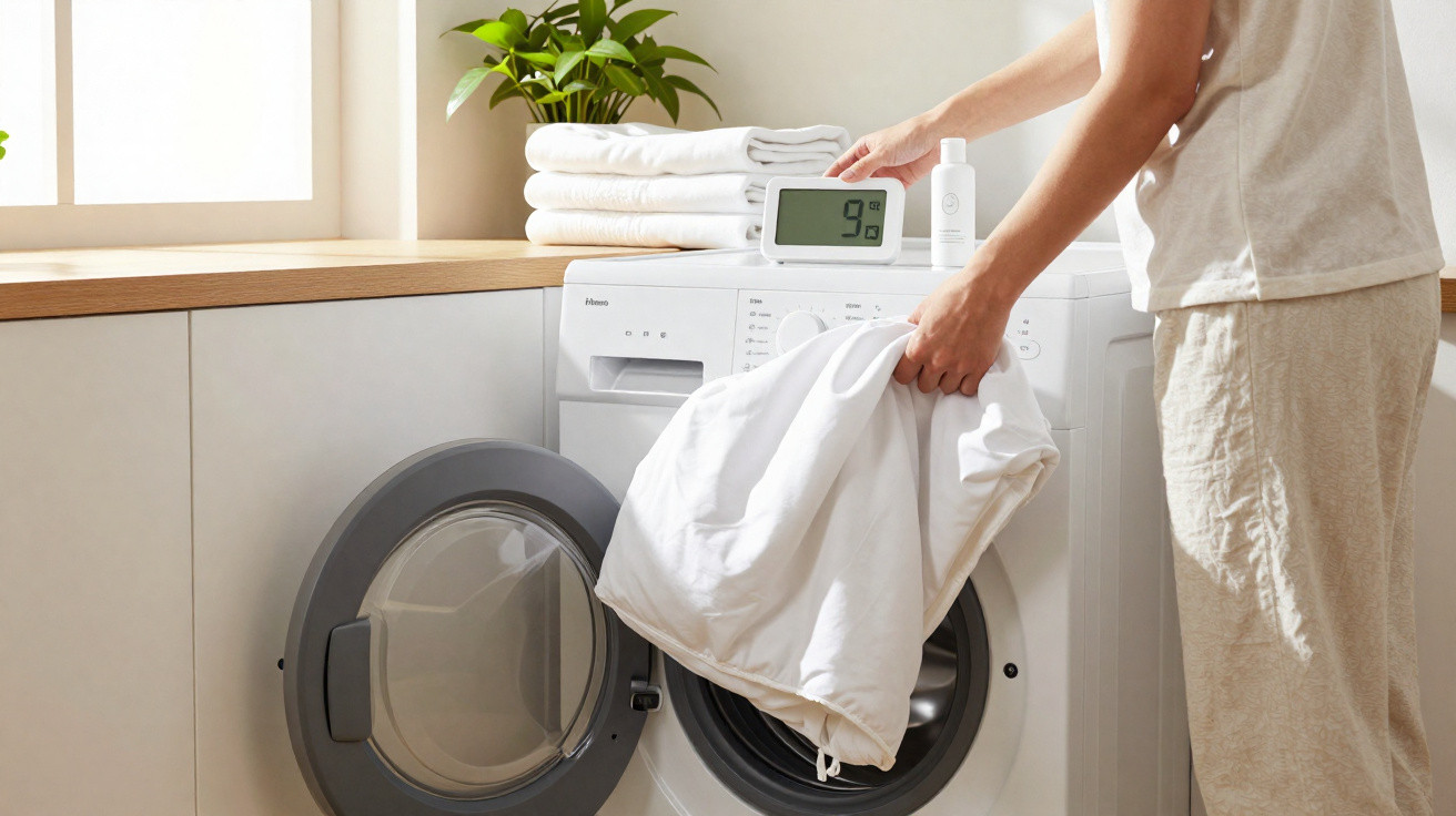 Person loading white laundry into a modern front-loading washing machine in a bright, tidy laundry room.