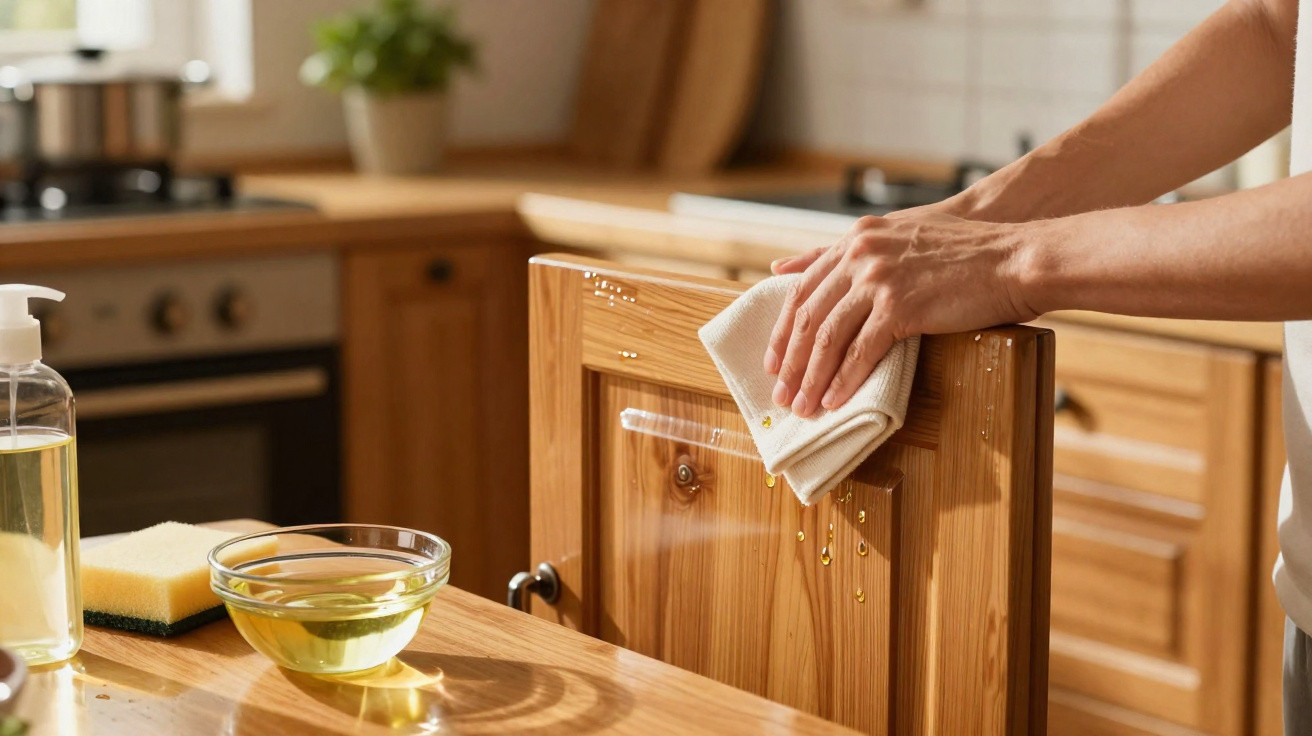 Person wiping water droplets off a wooden kitchen cabinet door with a cloth in a bright kitchen.