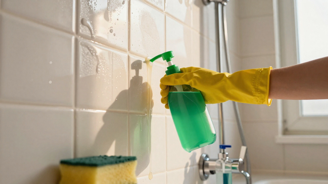 Hand in yellow glove spraying green cleaning liquid on tiled wall with sponge and shower in background