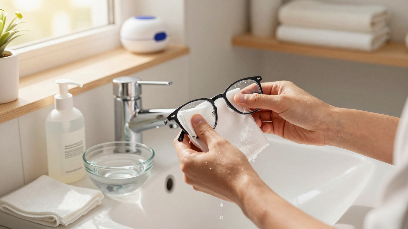 Person cleaning black-rimmed glasses with a cloth over a white bathroom sink under natural light.