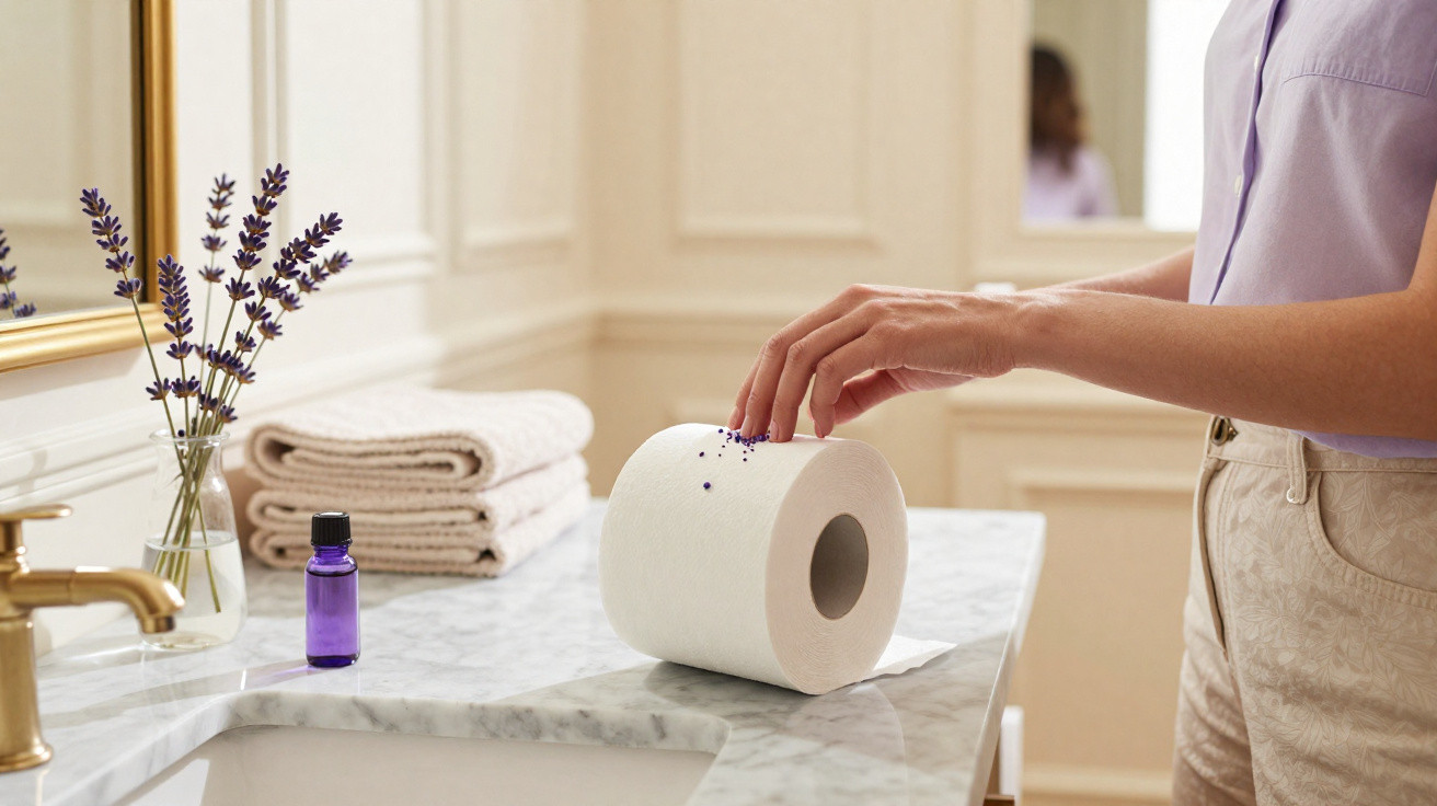 Person sprinkling dried lavender petals onto a roll of toilet paper on a marble bathroom counter.