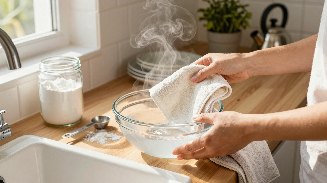 Person dipping a cloth into a steaming bowl of hot water in a kitchen setting.