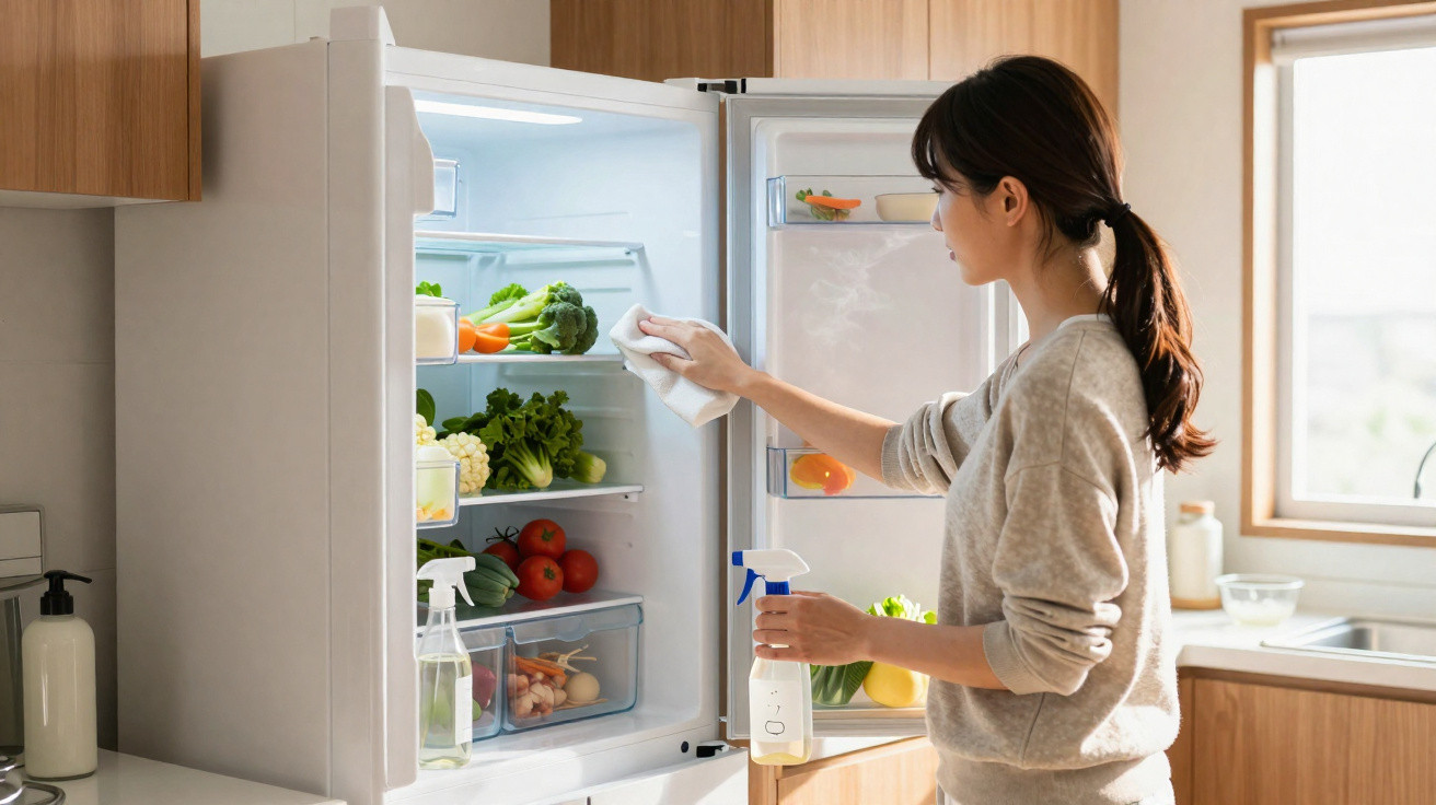 Woman cleaning the inside of a fridge with a cloth and spray bottle in a bright kitchen.
