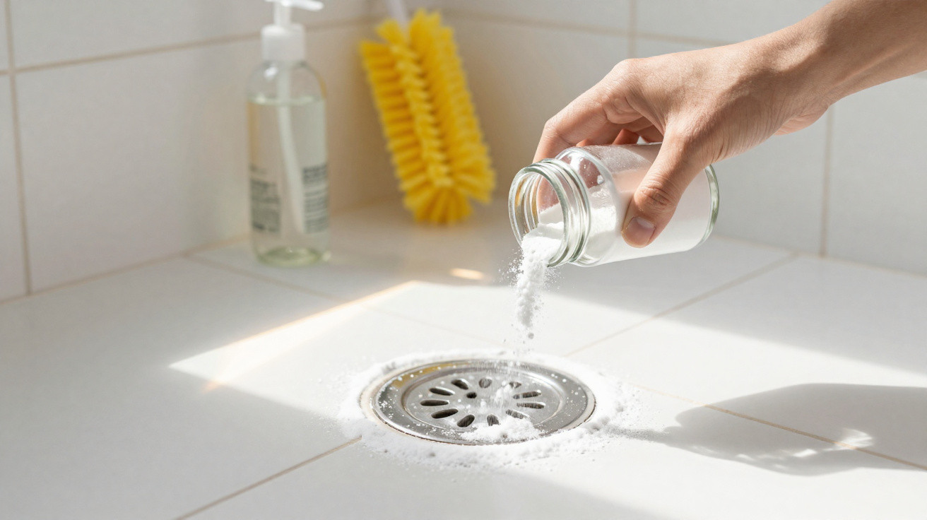 Hand pouring baking soda from a glass jar into a kitchen sink drain for cleaning.