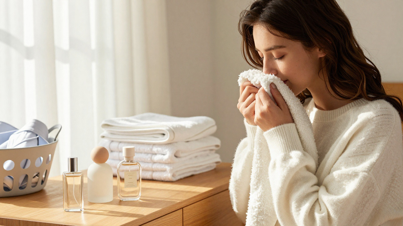 Woman in cosy sweater smelling a soft white towel beside stacked towels and perfume bottles on wood surface