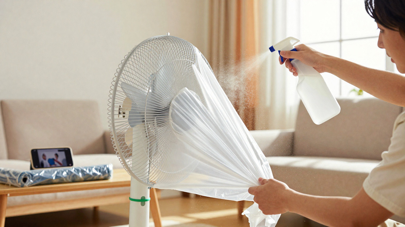 Person spraying cleaning solution on a plastic-covered electric fan in a bright living room.