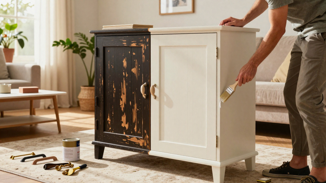 Person painting a wooden cabinet white in a bright, modern living room with tools on the floor.