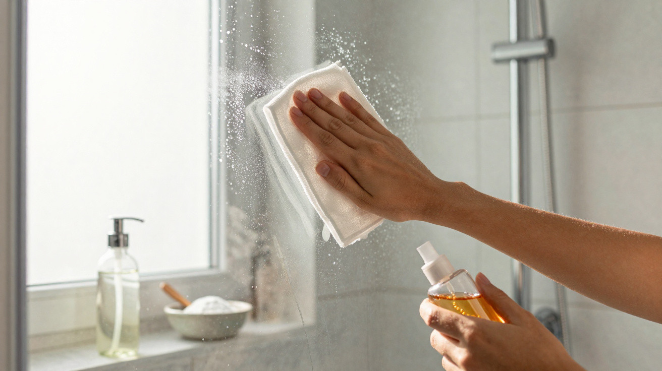 Person cleaning a glass shower door with a cloth and spray bottle in a bright bathroom.