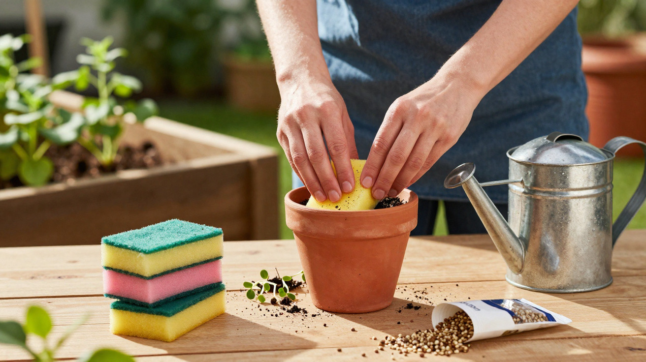 Person using a sponge to plant seeds in a terracotta pot on a wooden table with gardening tools nearby