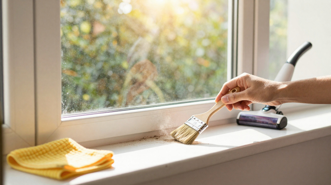 Hand cleaning dusty windowsill with small brush near window with cleaning cloth and lint roller nearby.