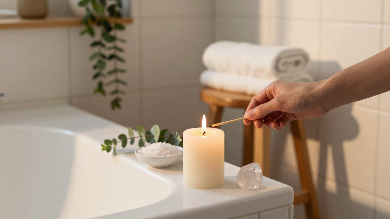Hand lighting a candle on the edge of a bathtub with bath salts, a crystal, and rolled towels in the background.