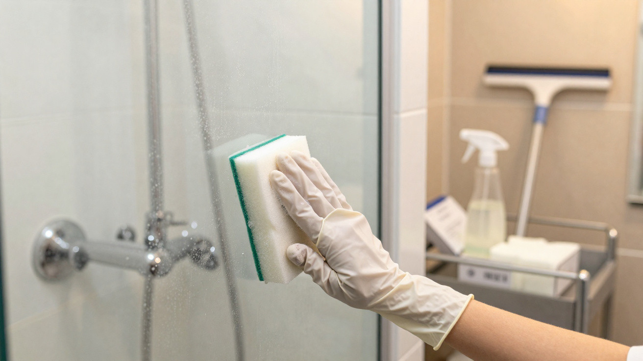 Hand in rubber glove cleaning a glass shower door with a sponge in a bathroom.