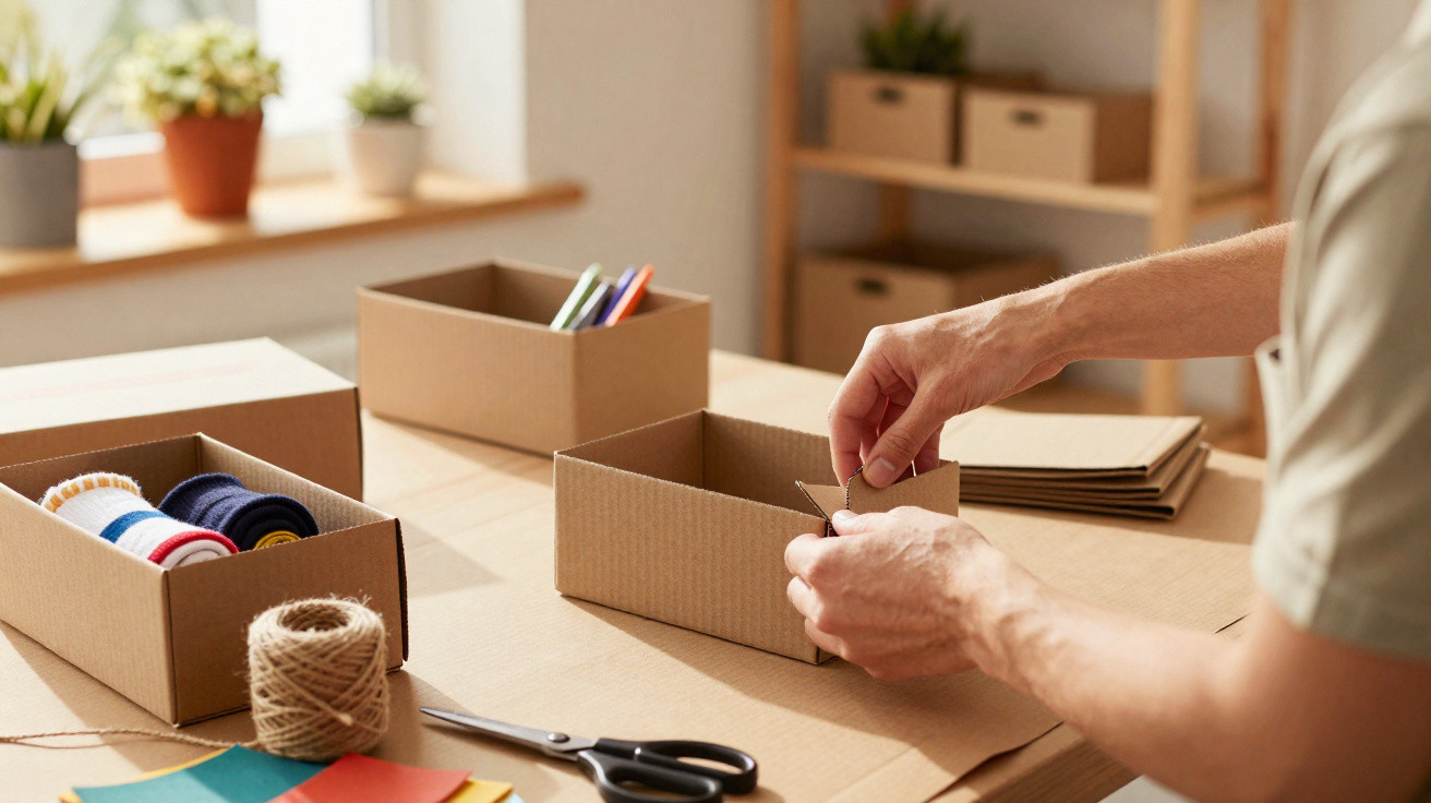 Hands assembling cardboard boxes on a table with craft supplies in a bright, organised workspace.